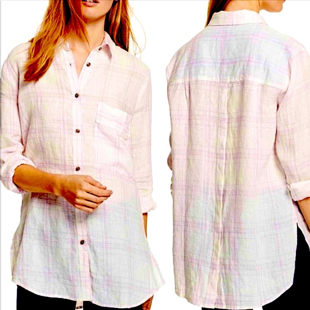 Free People No Limits Linen Cream/Pink Plaid Button Down Front/ Back Small
